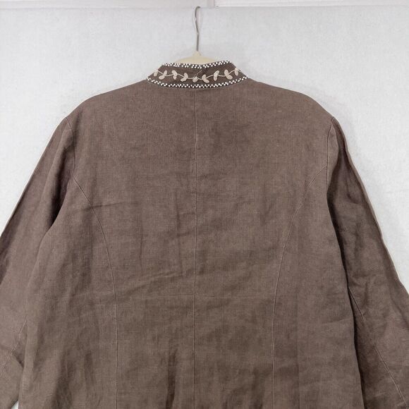 Chico's Jacket Women Large Brown 100% Linen Embroidered Floral Beaded Boxy Fit - Picture 5 of 11